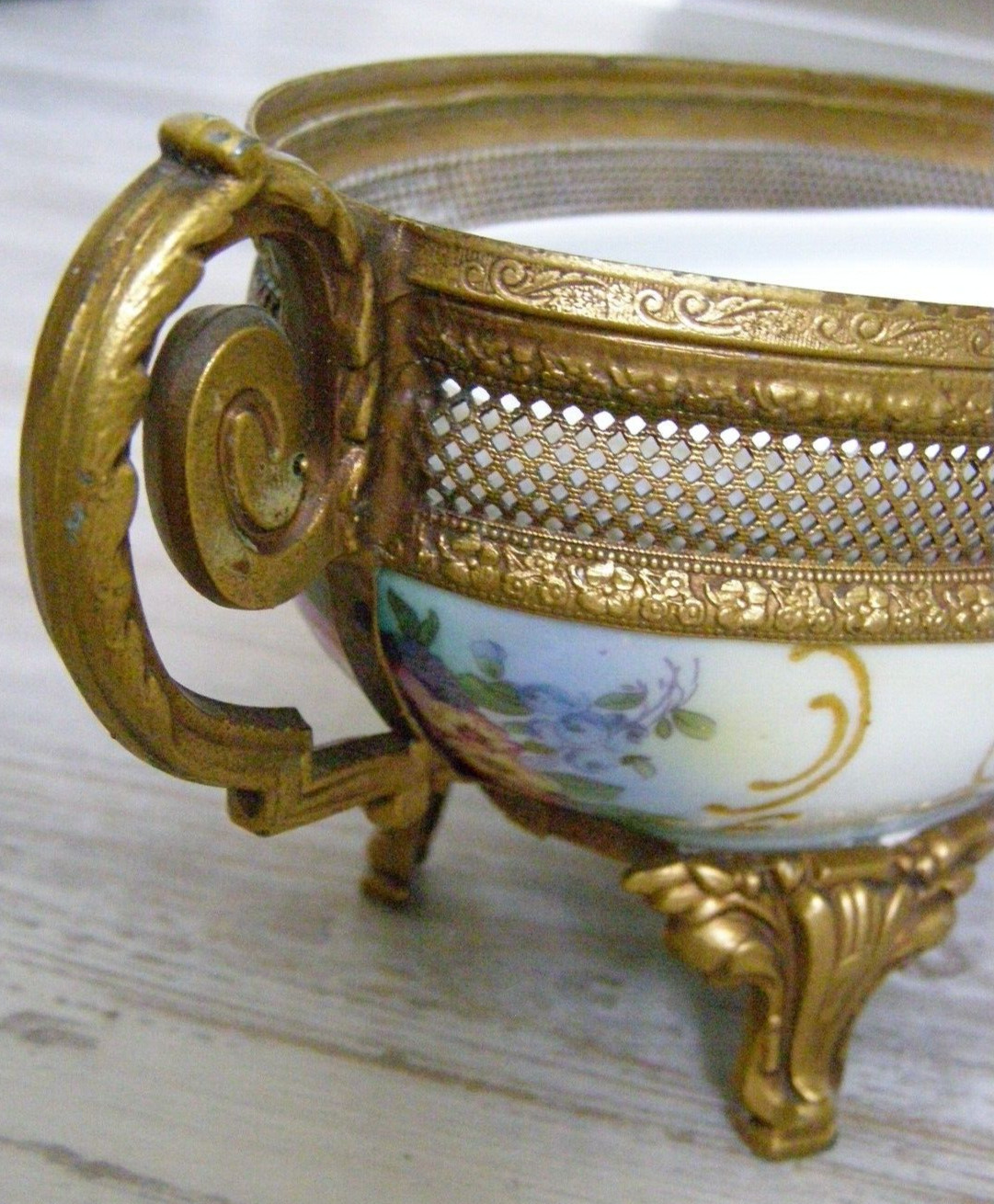 Antique Karlovy Vary Porcelain Serving Dish Gilt metal base bottom stamped #23