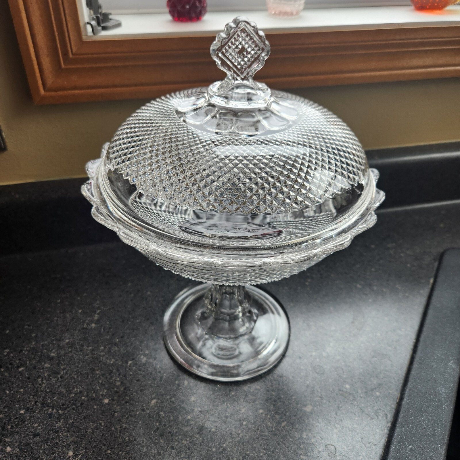 1870s Central Glass Co #439 Diamond Point Footed Glass Compote Comport With Lid