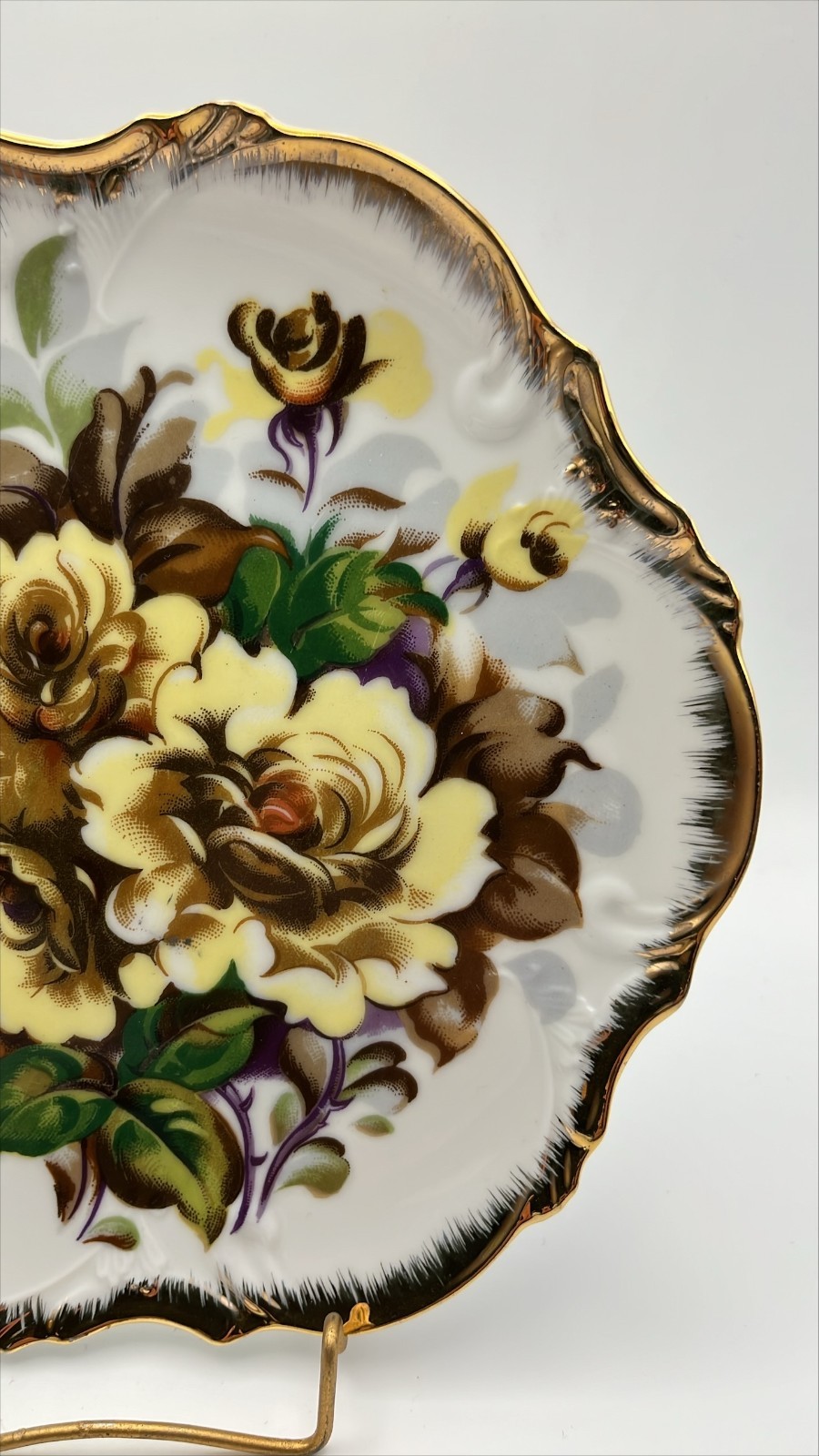 Lot of 2 VTG Brown & Yellow Roses painted & transfer Plates Curated Wall Décor