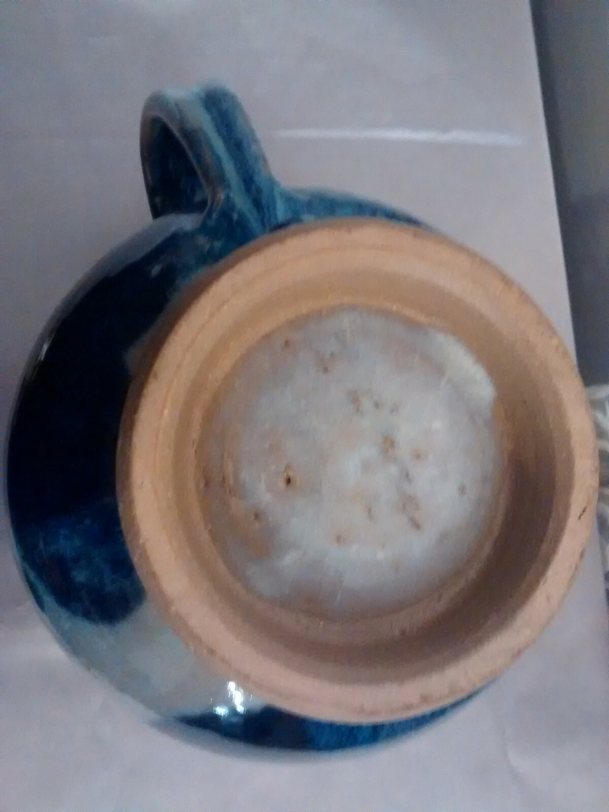 Pottery Pitcher Blue Grey Tan 7 1/4 Inches Tall Pinched Spout Thumb Rest Handle