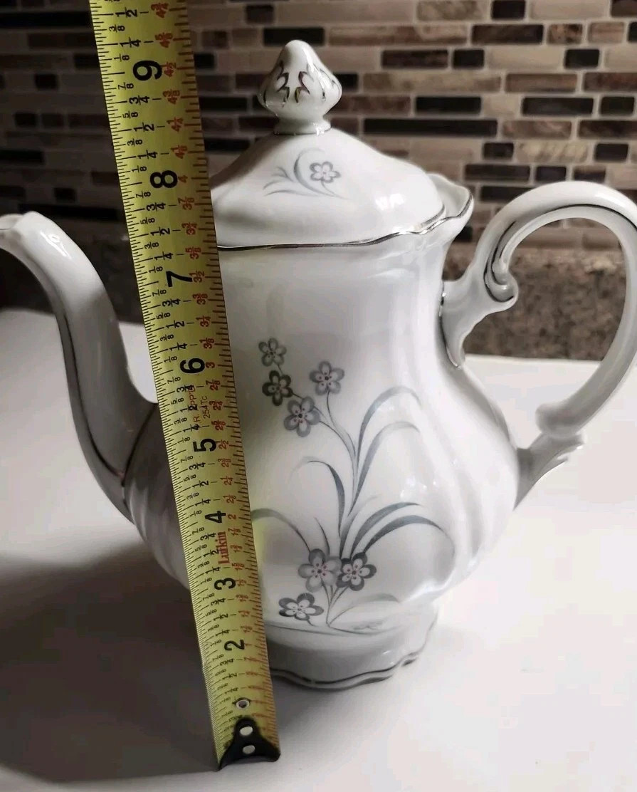 Hutschenreuther German ArzbergBavaria Tea Coffee Pot Porcelain White Gray Floral