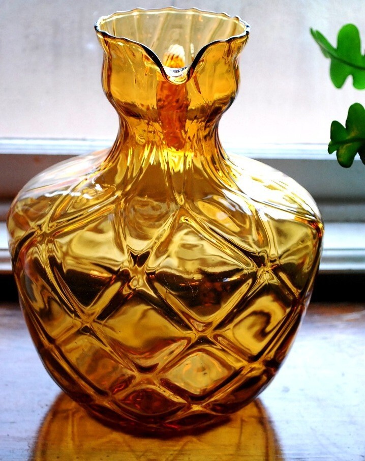 Rare EMPOLI PITCHER 1960s AMBER GLASS OPTIC DIAMOND Hand Blown 10″ Twist Handle