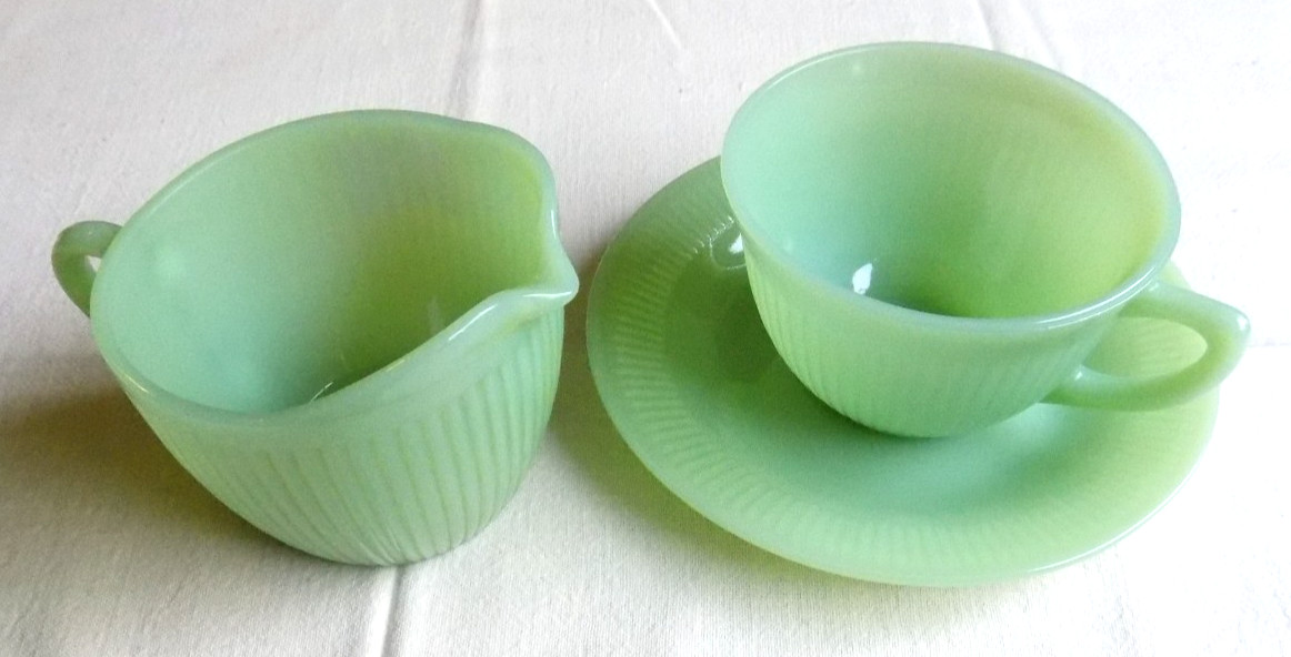 Vintage Fire King Jadeite Green Glass Creamer & Cup and Saucer Jadite