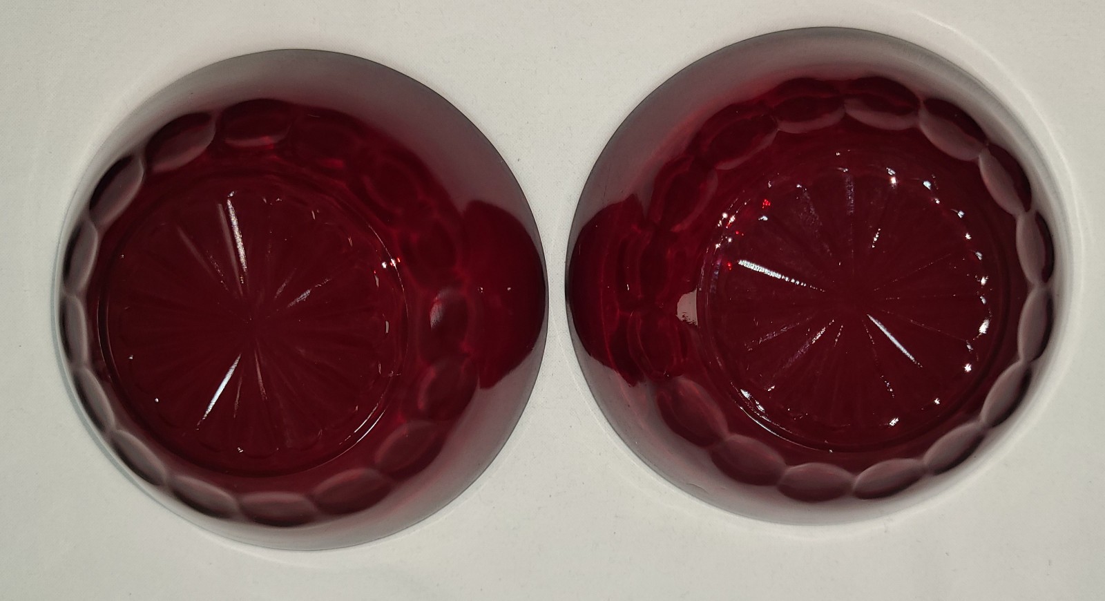 2 Vintage Ruby Red Anchor Hocking Berry Bowls Thumbprint Pattern Ruffled Edge