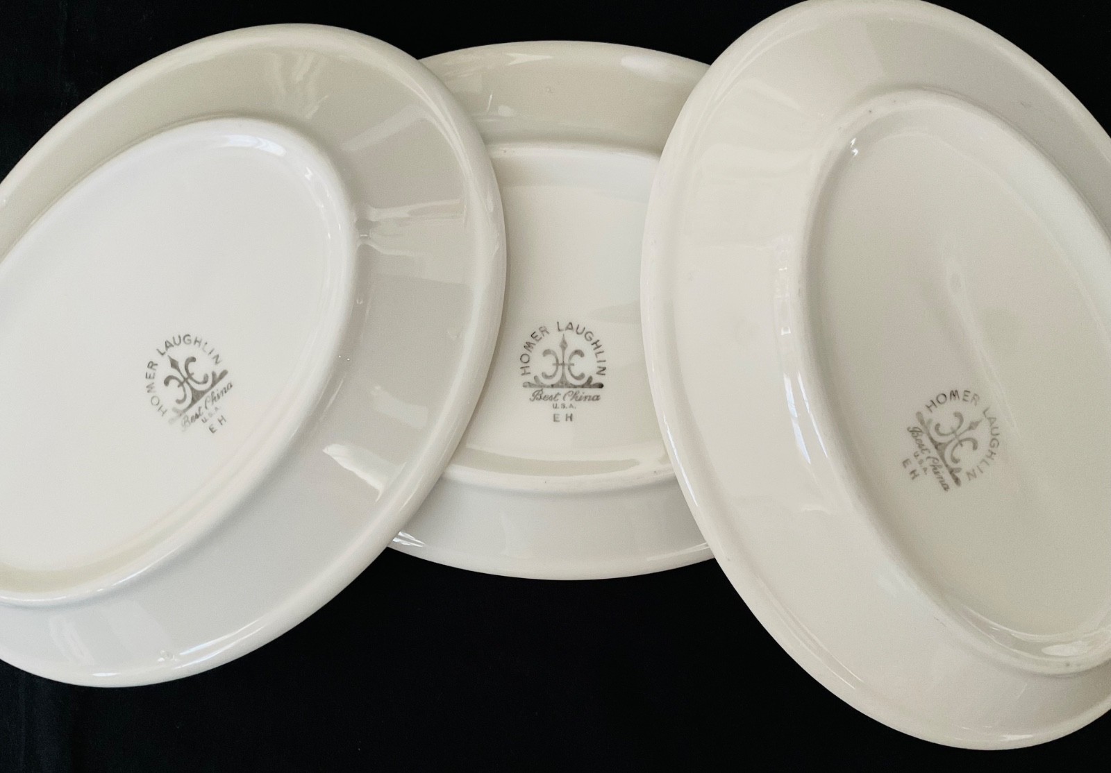 VTG HOMER LAUGHLIN BEST CHINA 4~OVAL SIDE PLATES 8x6x1 GREEN FLORAL TRM ON WHITE