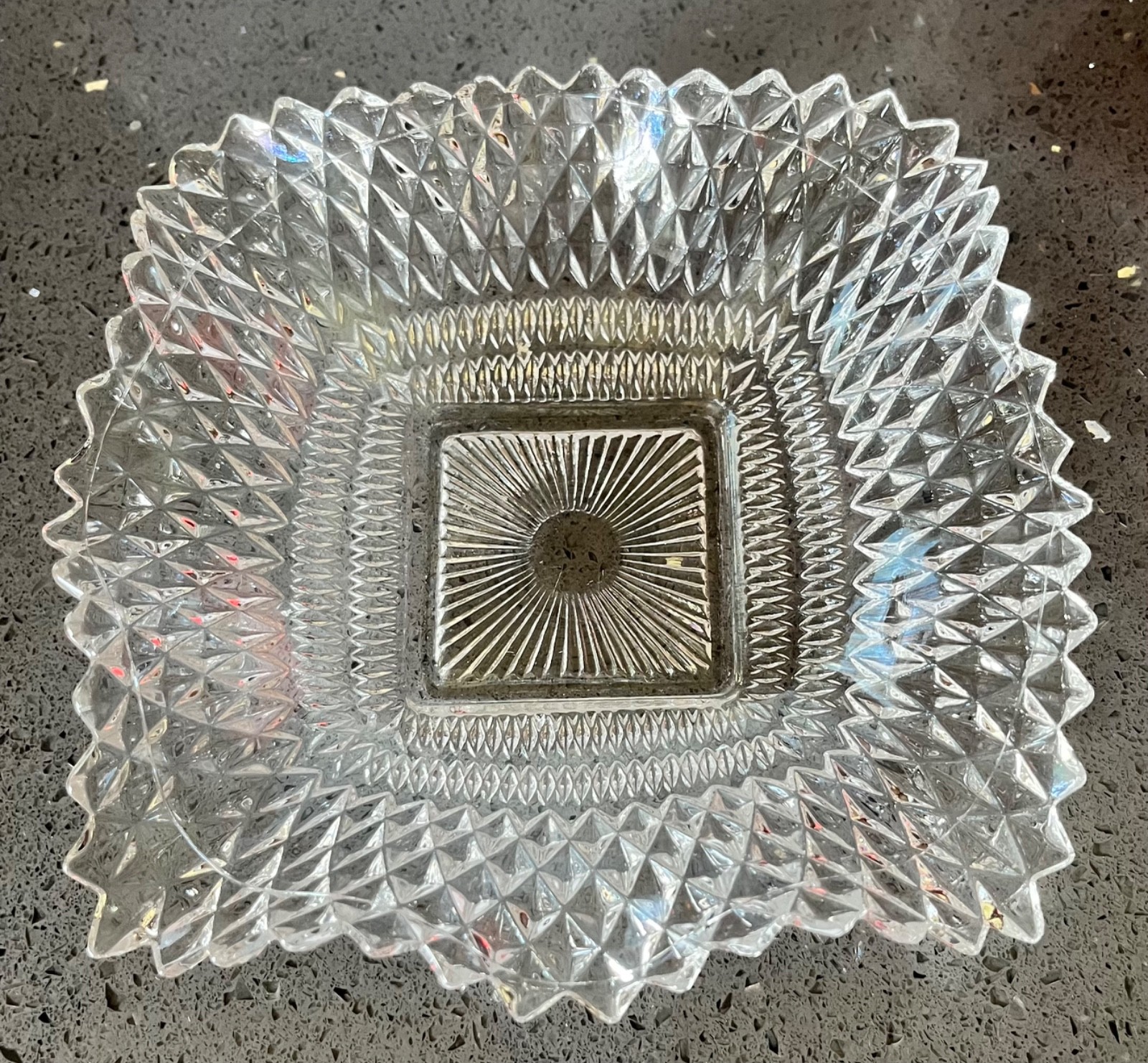 Vintage Indiana Glass Co Diamond Cut Design Square Dish w/ Ruffled Edges