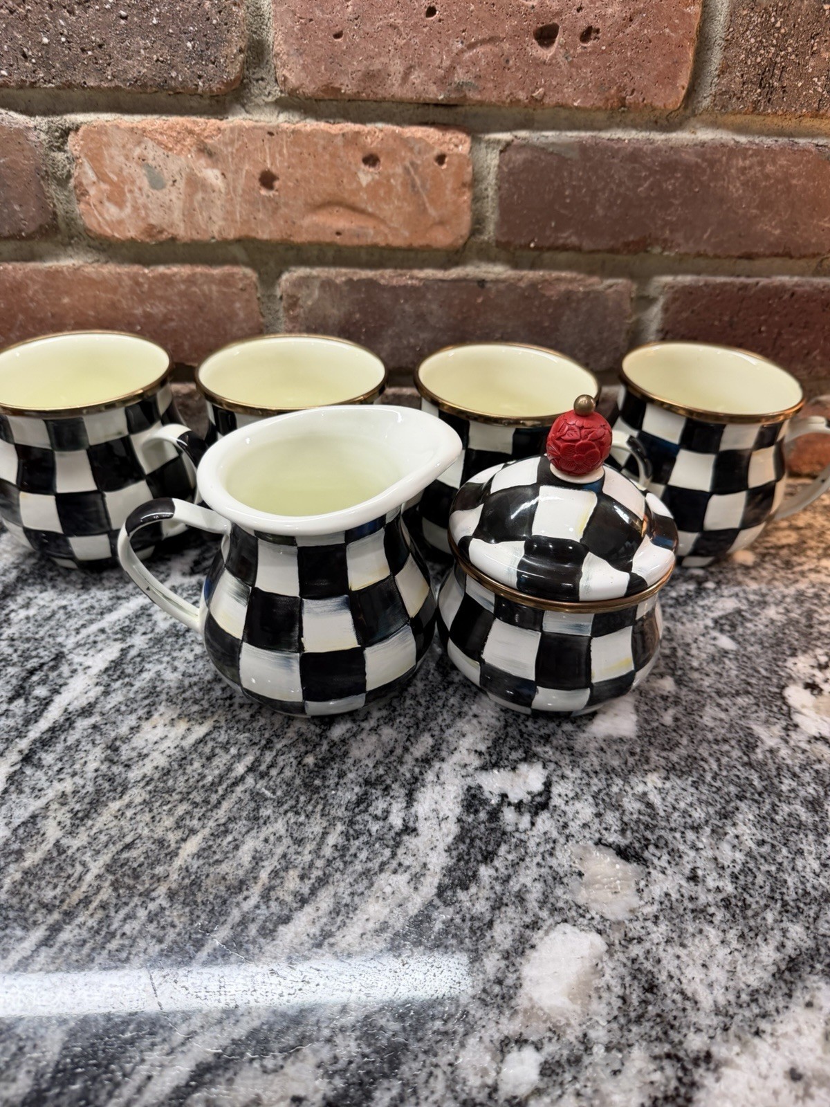 McKenzie Childs 4 Mugs And Cream And Sugar Courtly Check