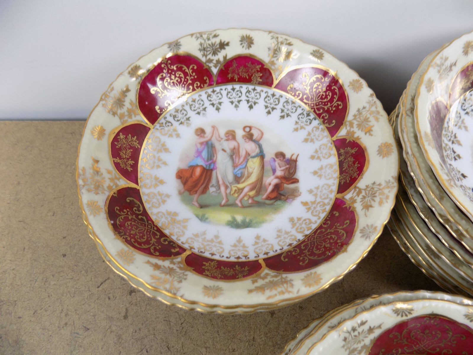 Antique Victoria Austria Porcelain Dessert Bowls Neoclassical Red Gold