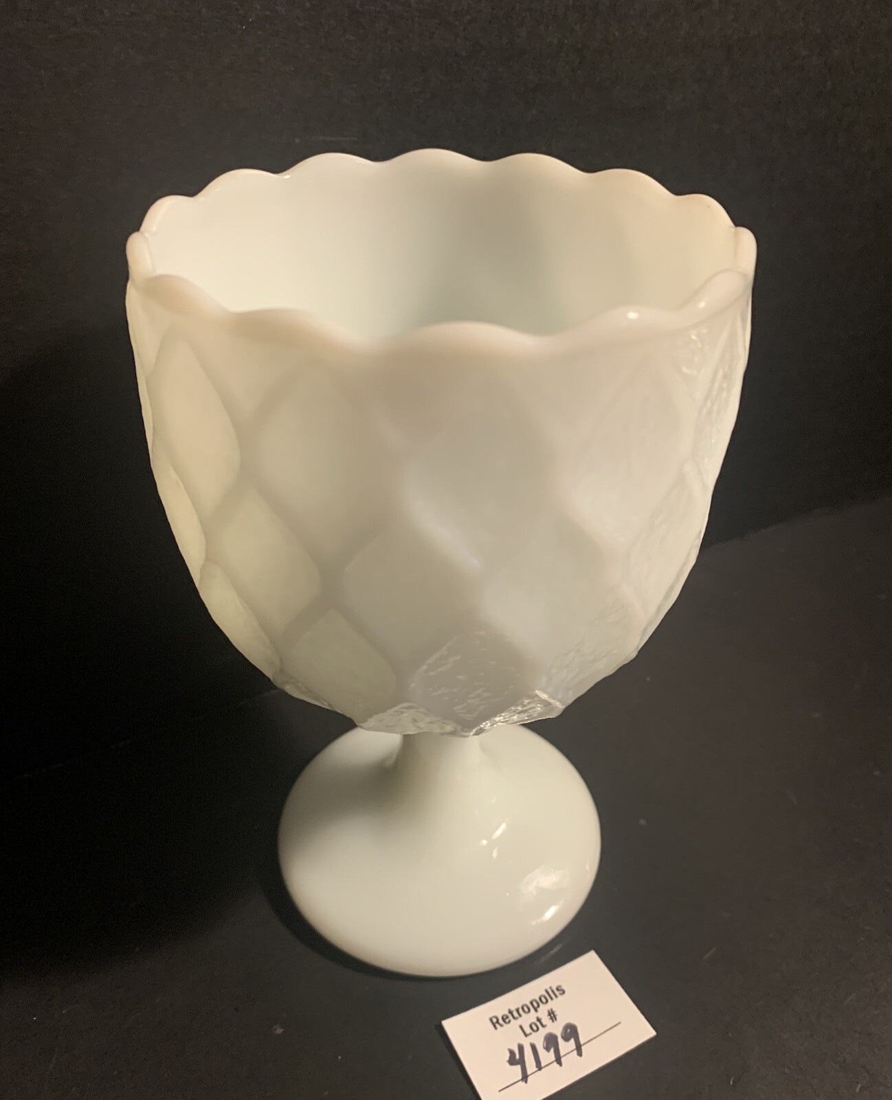 VINTAGE Milk Glass Footed Diamond Weave Candy Fruit Compote Server Chalice