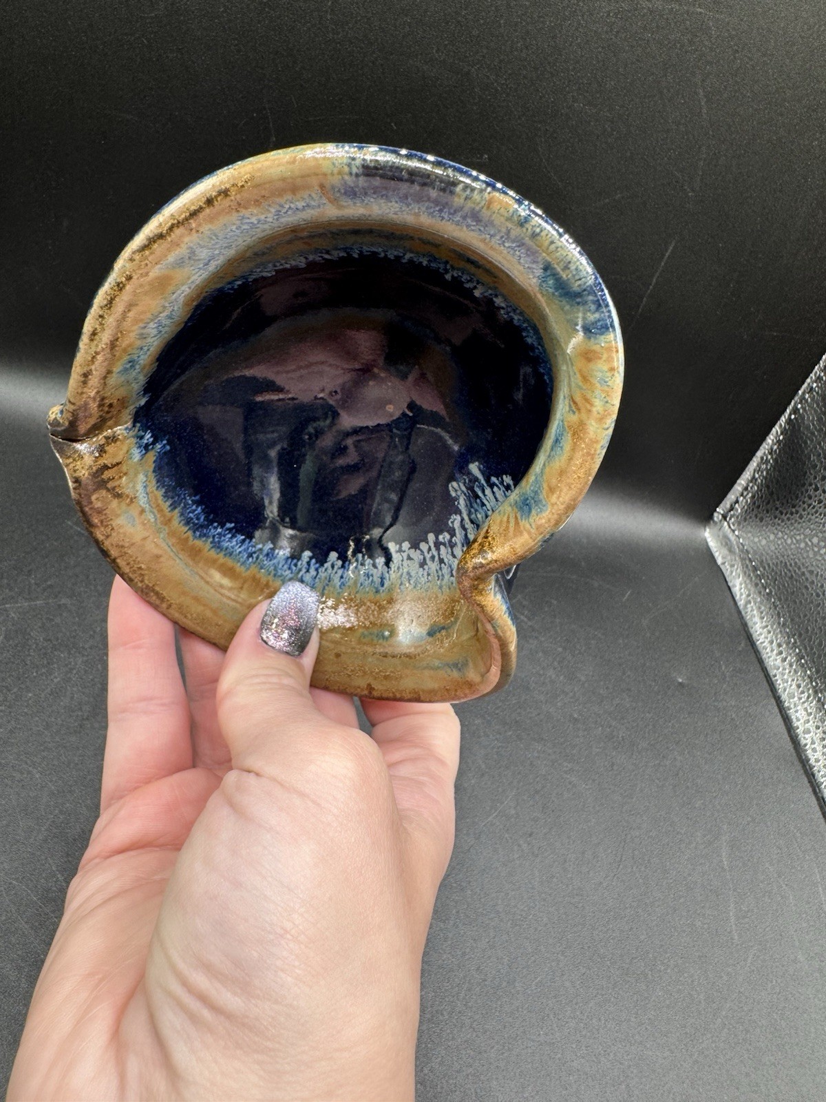 Pigeon River Pottery Heart Shaped Bowl Blue Beige Drip Glaze Signed Ceramic 5.5”