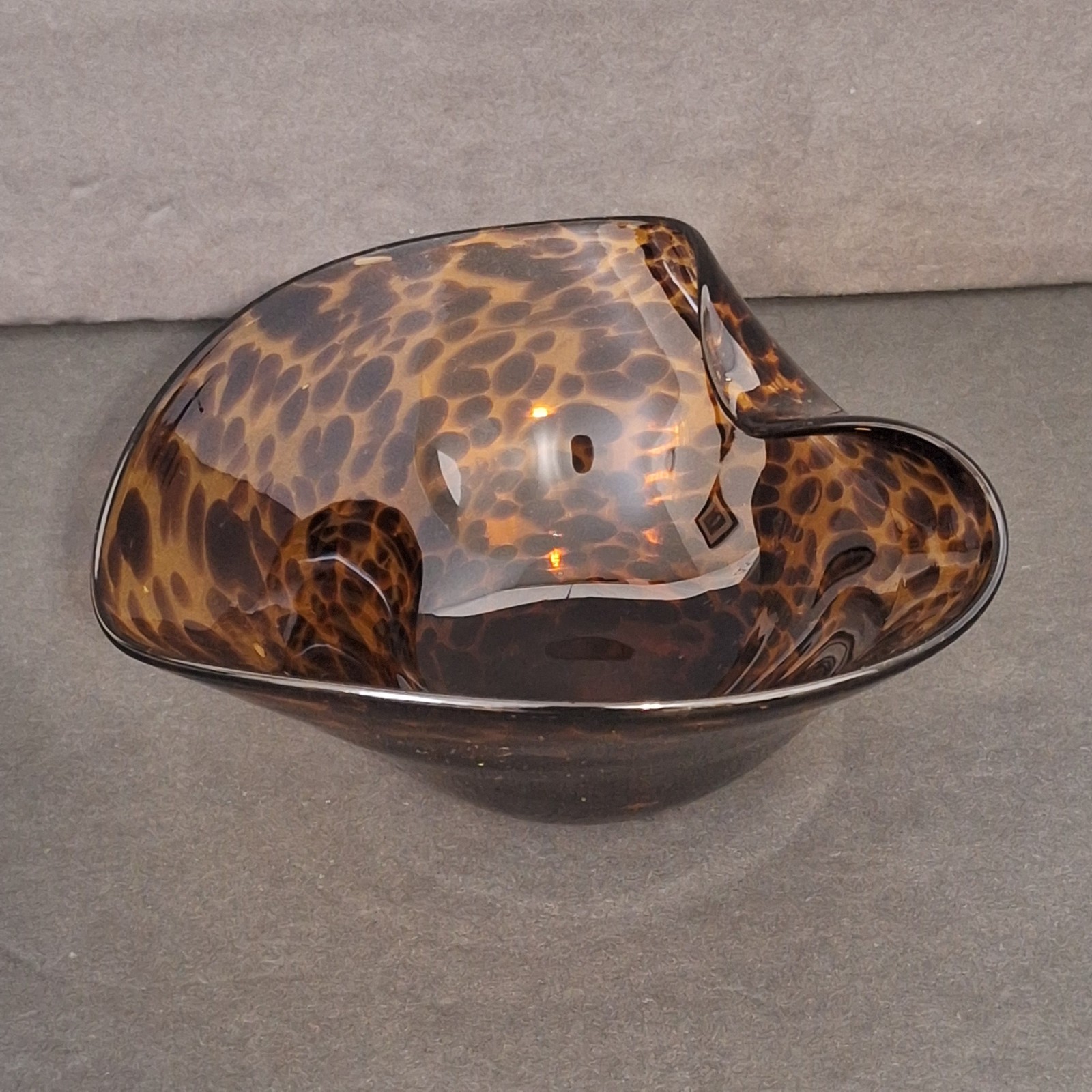 Art Glass Bowl Heart Tortoise Shell Amber Brown Marbled Leapard Design