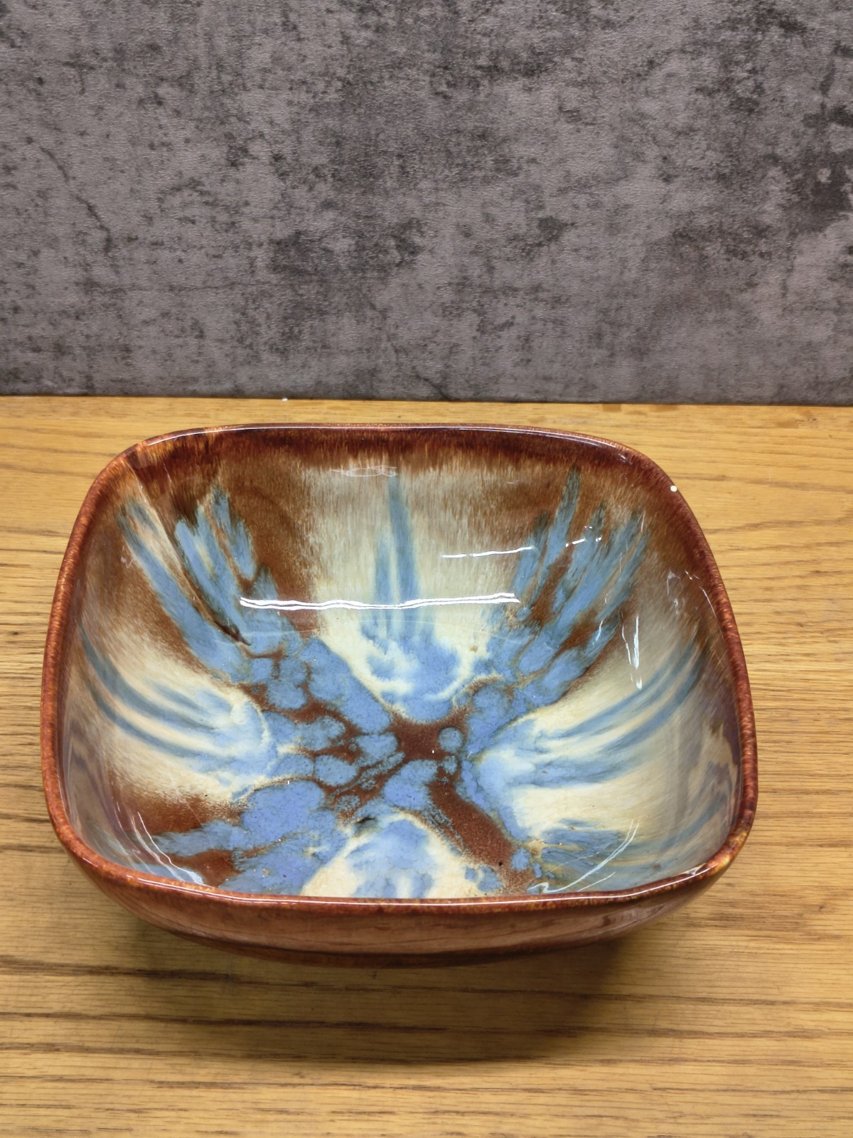 DRYDEN OZARK FRONTIER POTTERY BROWN DRIP GLAZE SERVING SQUARE BOWL SIGNED