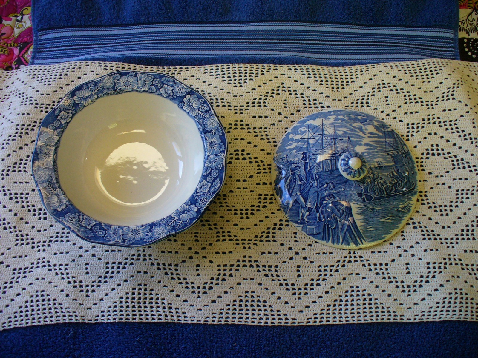 LIBERTY BLUE Staffordshire Covered Vegetable Bowl “Boston Tea Party”
