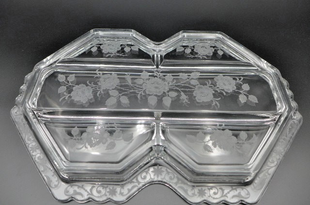 Vintage Fostoria MCM Etched Midnight Rose Glass Relish Tray 5 Compartments