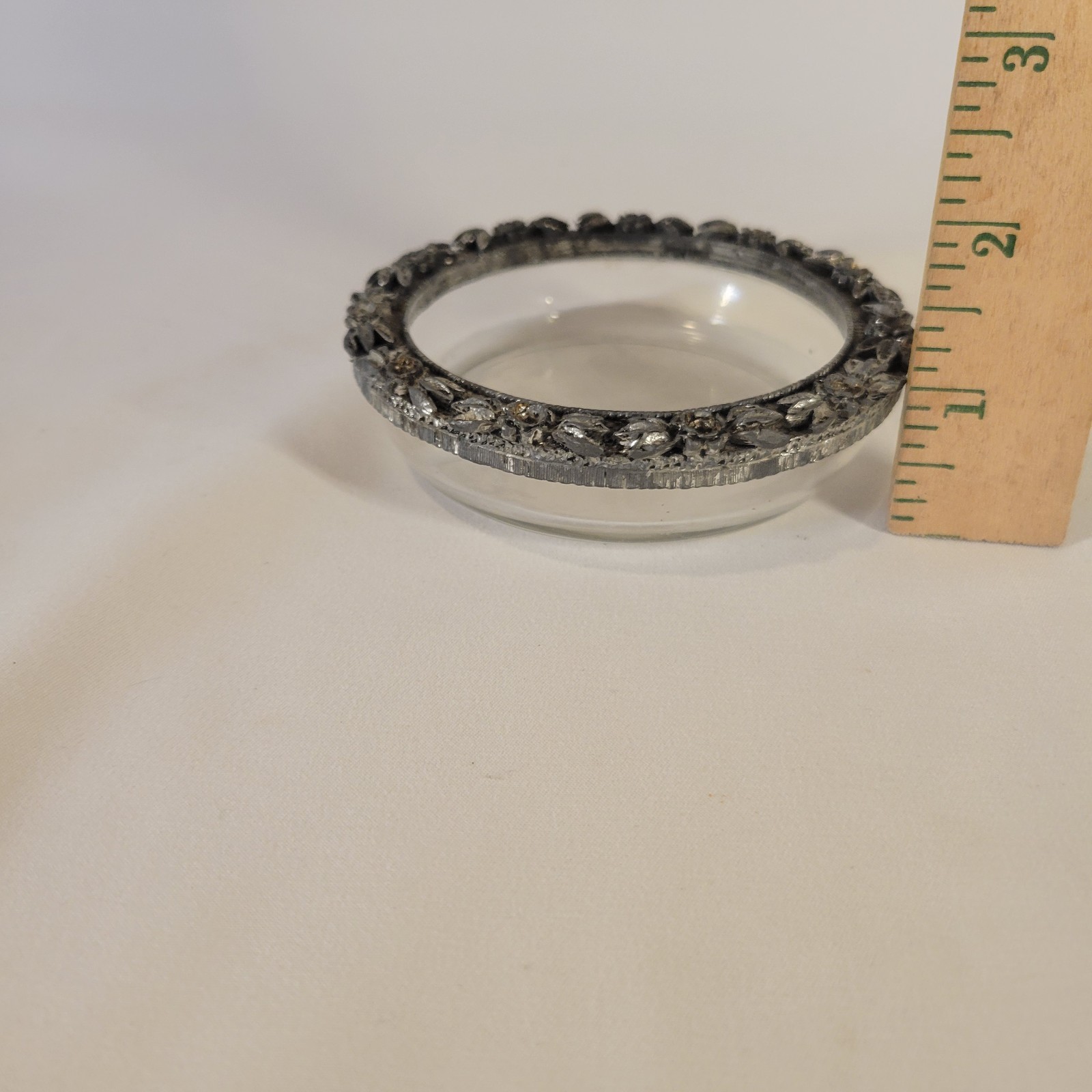 Vintage Clear Glass Ring Dish with Decorative Metal Flower Border