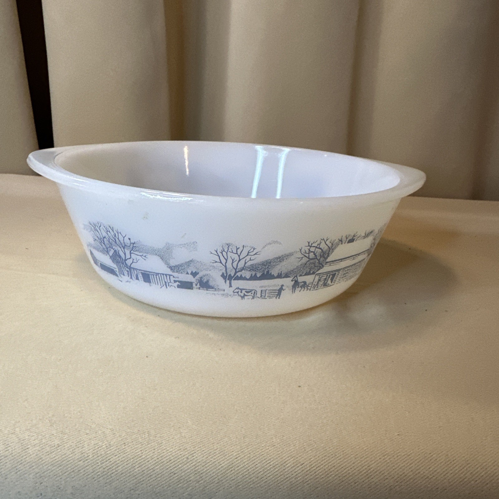 Vintage Glasbake Currier & Ives 2 Qt Casserole Dish Farm Scene Blue White