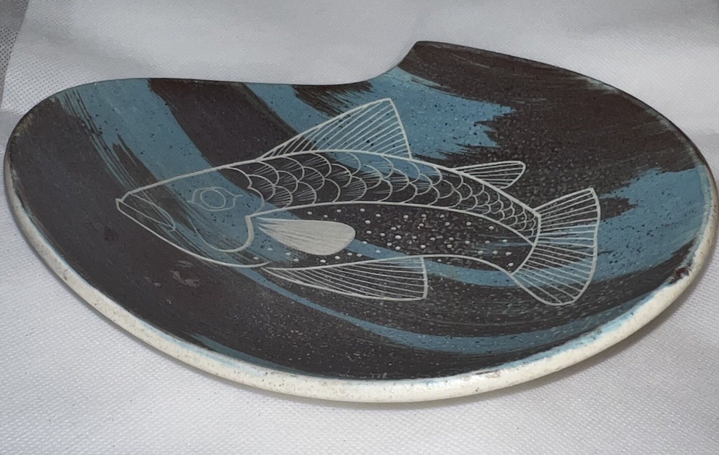 Vintage Asymmetrical Decorative Bowl Signed Matthew Adams MCM Salmon Fish Design