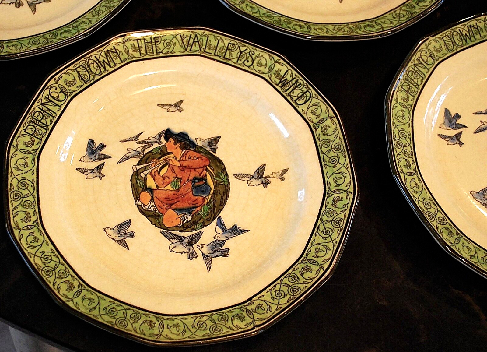 RARE Antique Set 6 Royal Doulton PIPING DOWN THE VALLEYS WILD Plates c1911 8.5″