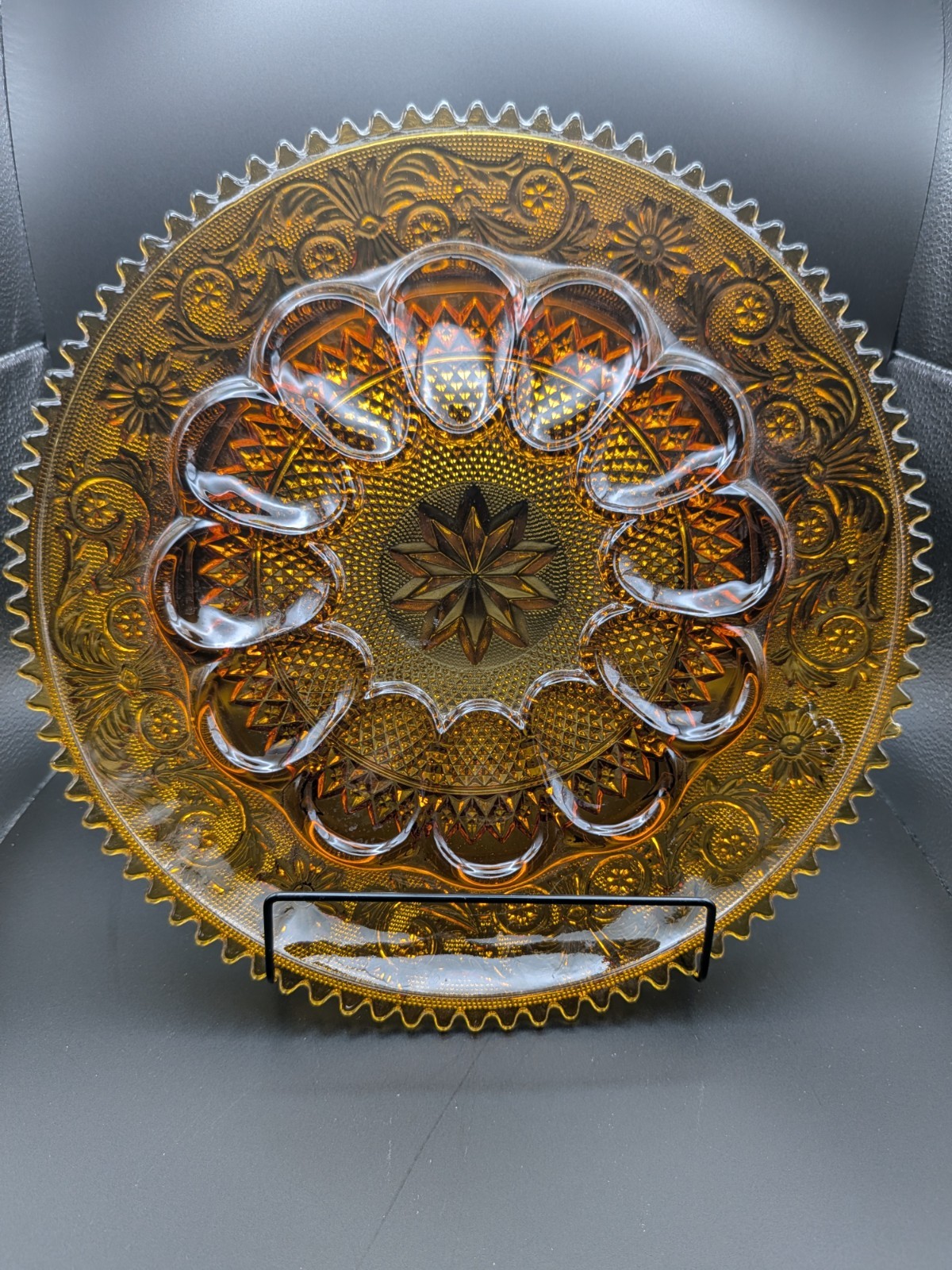 Vintage 70s Tiara Indiana Amber Glass Deviled Egg Tray Sandwich Pattern 12″
