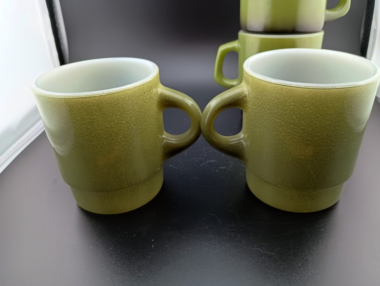 4 Olive Green Fire King Glass Coffee Tea Mugs Stackable 2 w Black 1970s Style