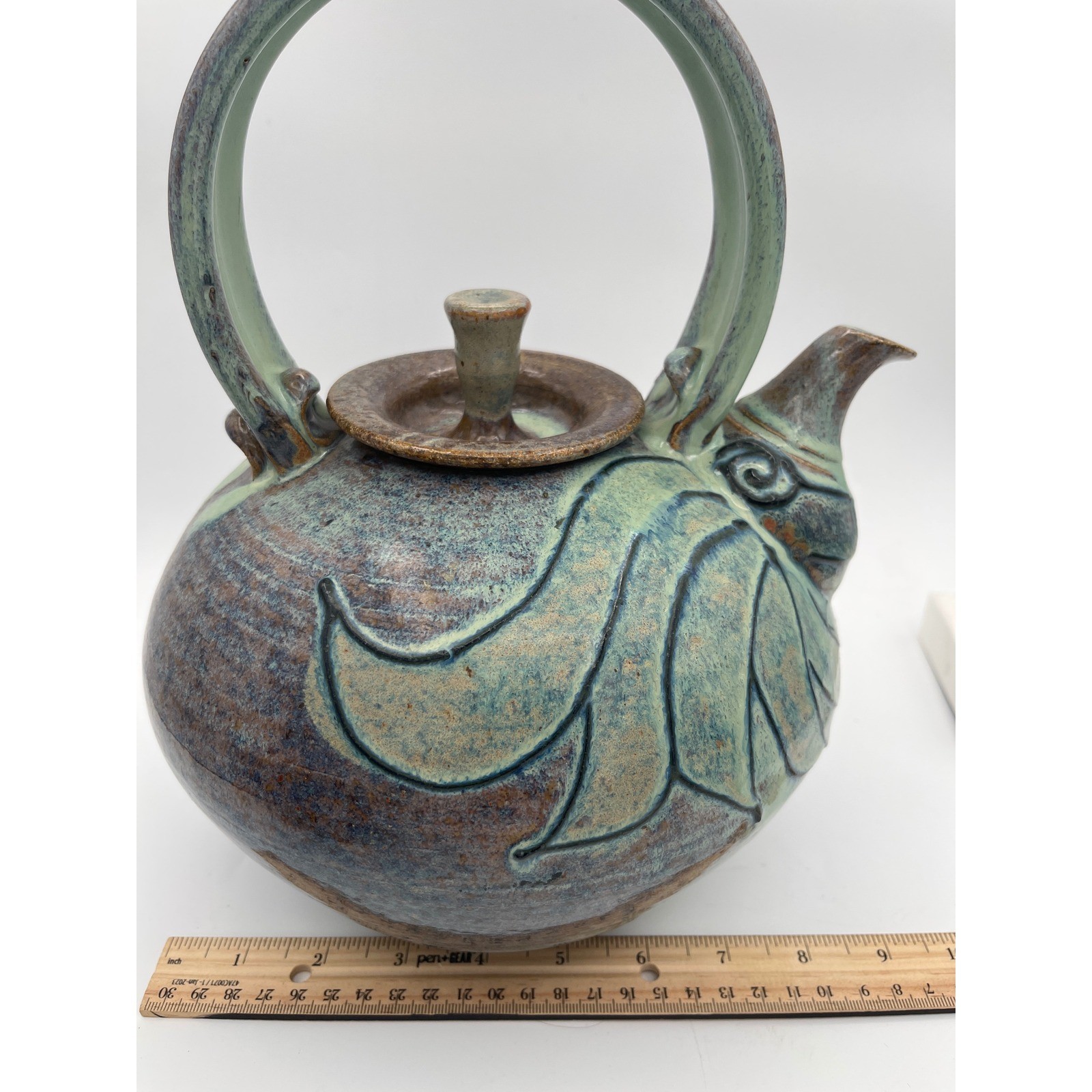 Artisan studio Pottery Teapot Signed large Glazed Stoneware Blue Green vtg
