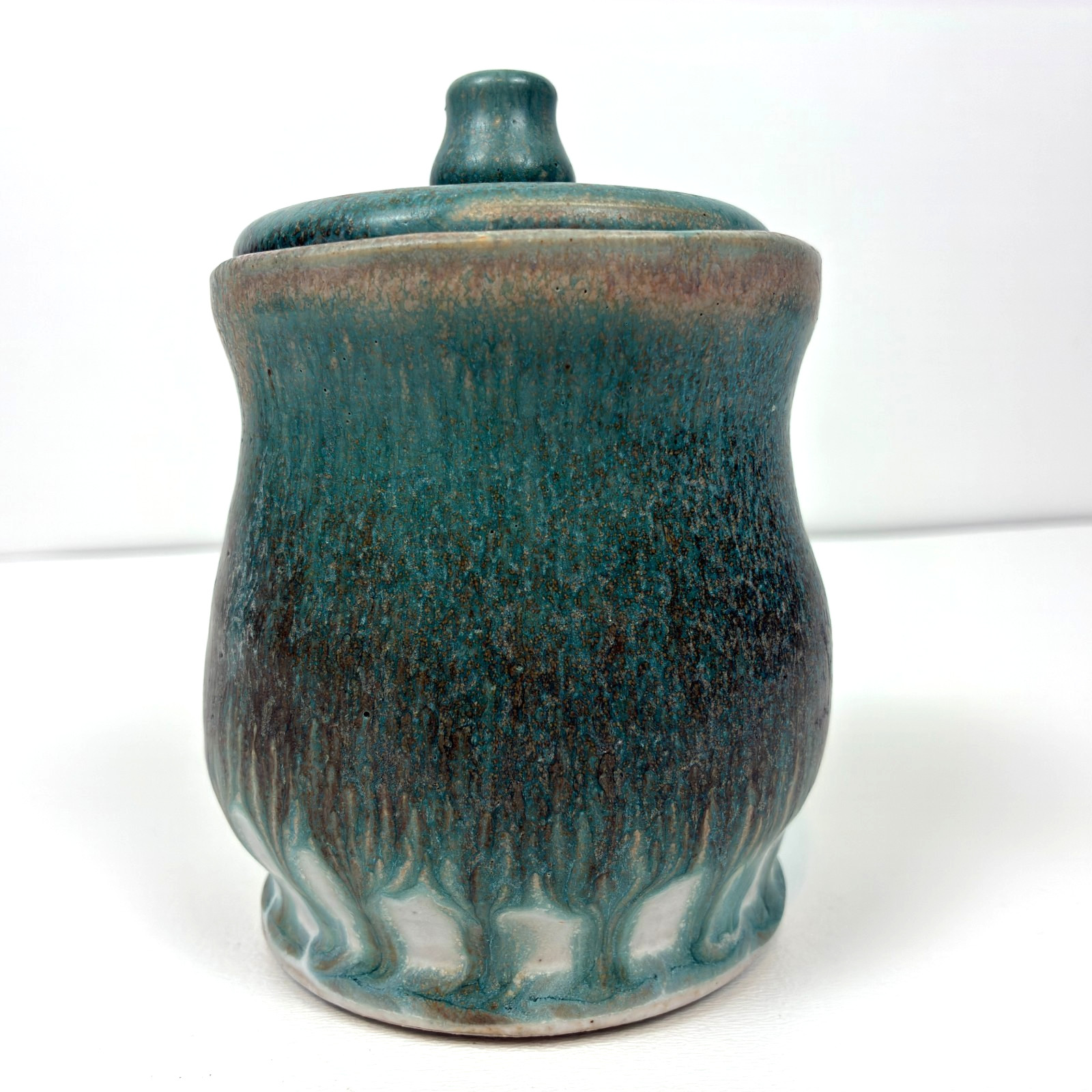 Studio Pottery Canister Jar With Lid Signed Blue Brown Drip Glaze