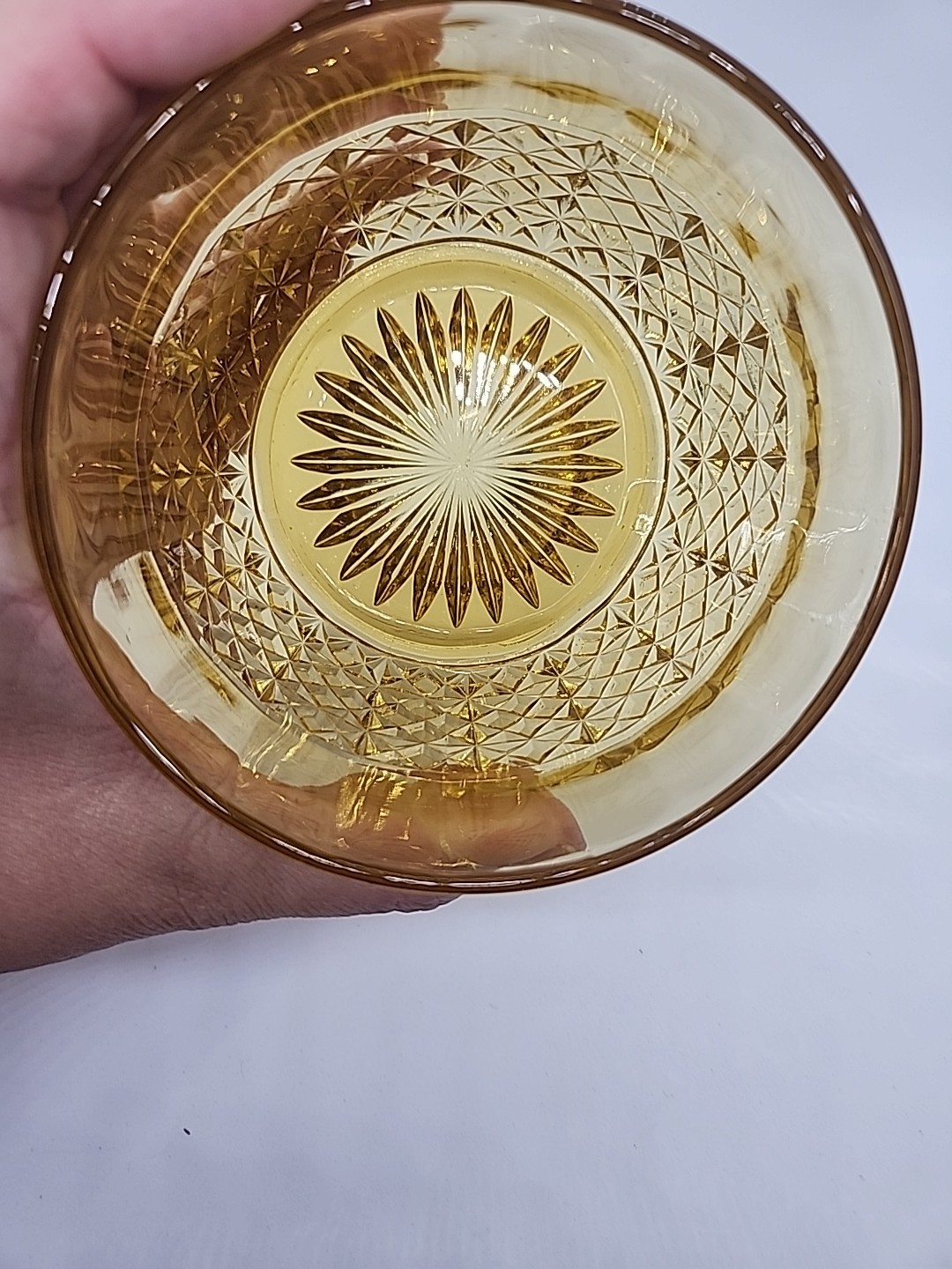 EAPG Canton Glass Co Amber Finger Bowl Diamond Point 4.25″
