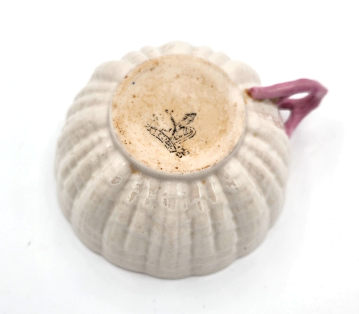Rare Antique Belleek Tridacna Pink Cup & Saucer 1st Black Mark Shell EUC C.1880