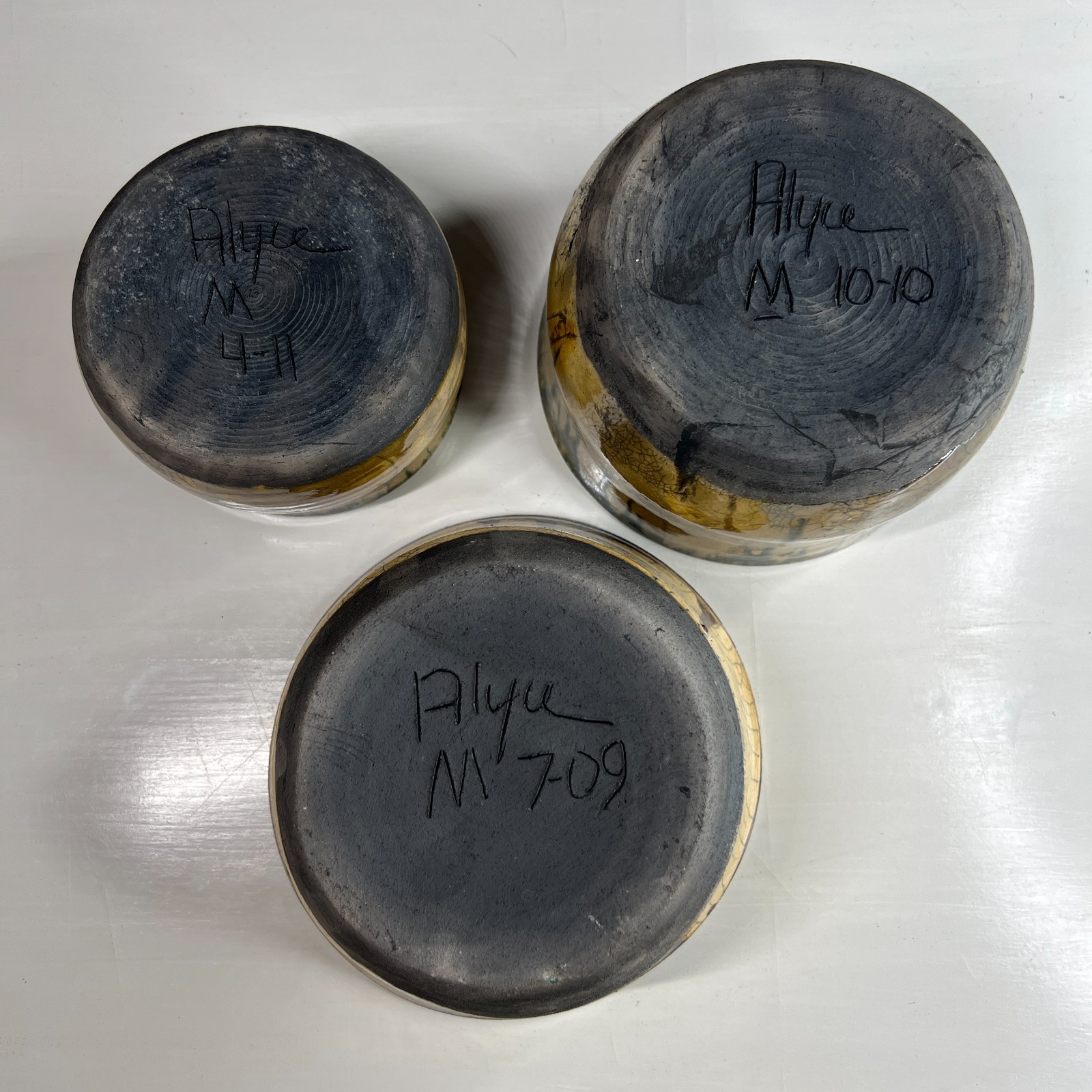 Handmade Studio Pottery Bowl Set 3 Signed Alyce Drip Glaze Ceramic
