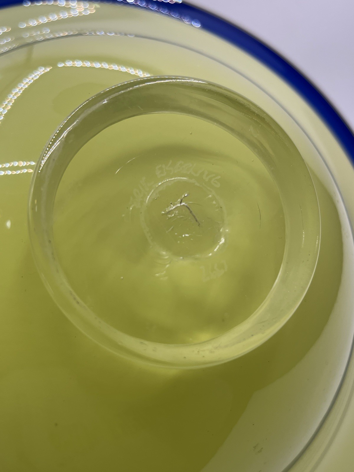 Erik Eiserling 1997 SEA Glasbruk Yellow Lime Art Glass Bowl With Cobalt Blue Rim