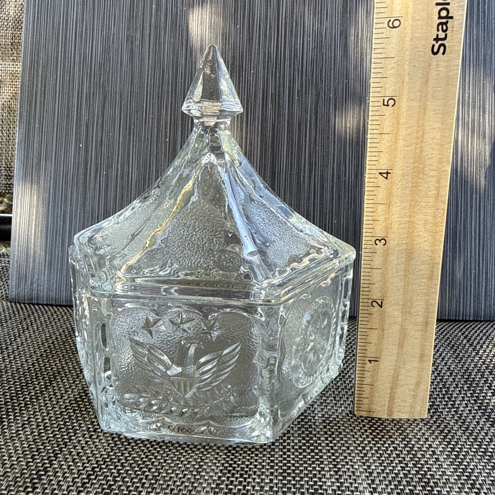 Vntg Glass Candy Dish w/ Lid American Eagle Star Hexagon 6″ Tall