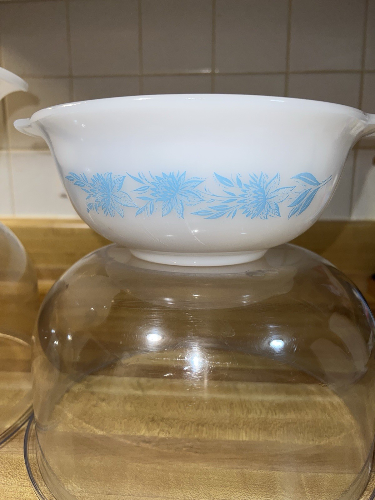 Vintage Glasbake Milk Glass Blue Thistle Flower Bowl Set Of 2 EUC 8.5 And 9”
