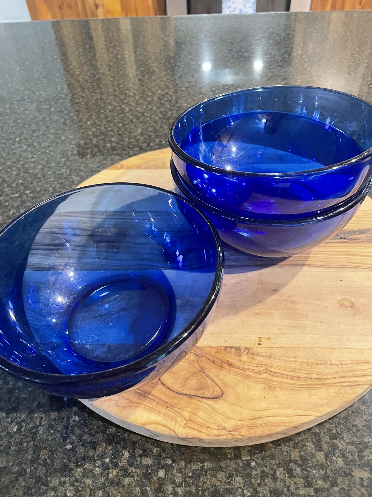 Beautiful Cobalt Blue Glass Cereal Salad Bowls, Thick, Mexico, set of 3, EUC