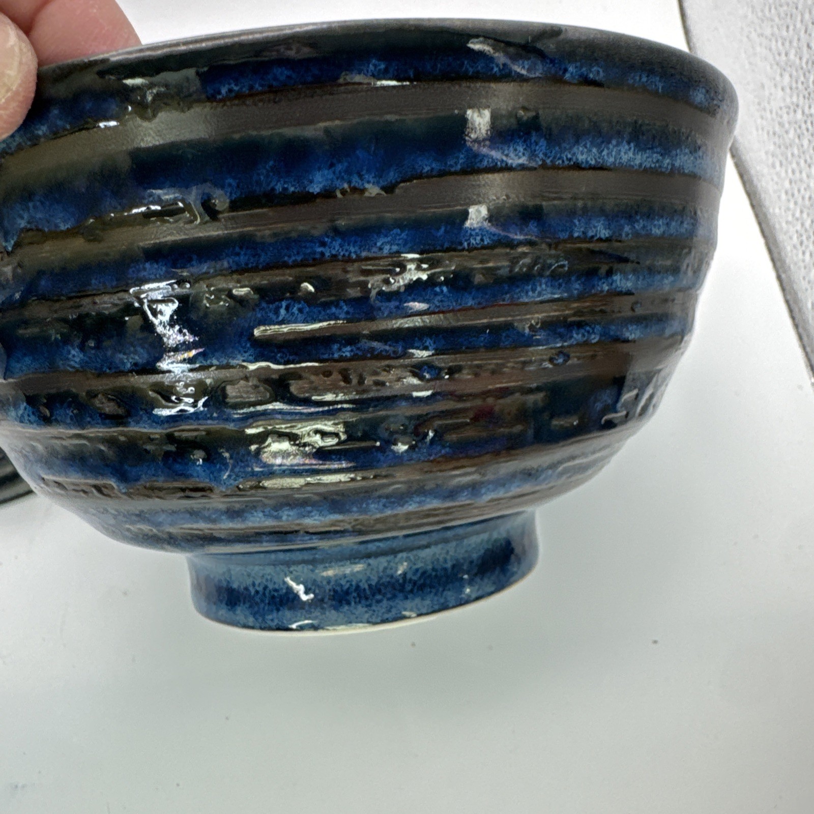 Set of 2 Art Blue Copper swirl ceramic udon noodle ramen bowls 6.5 in