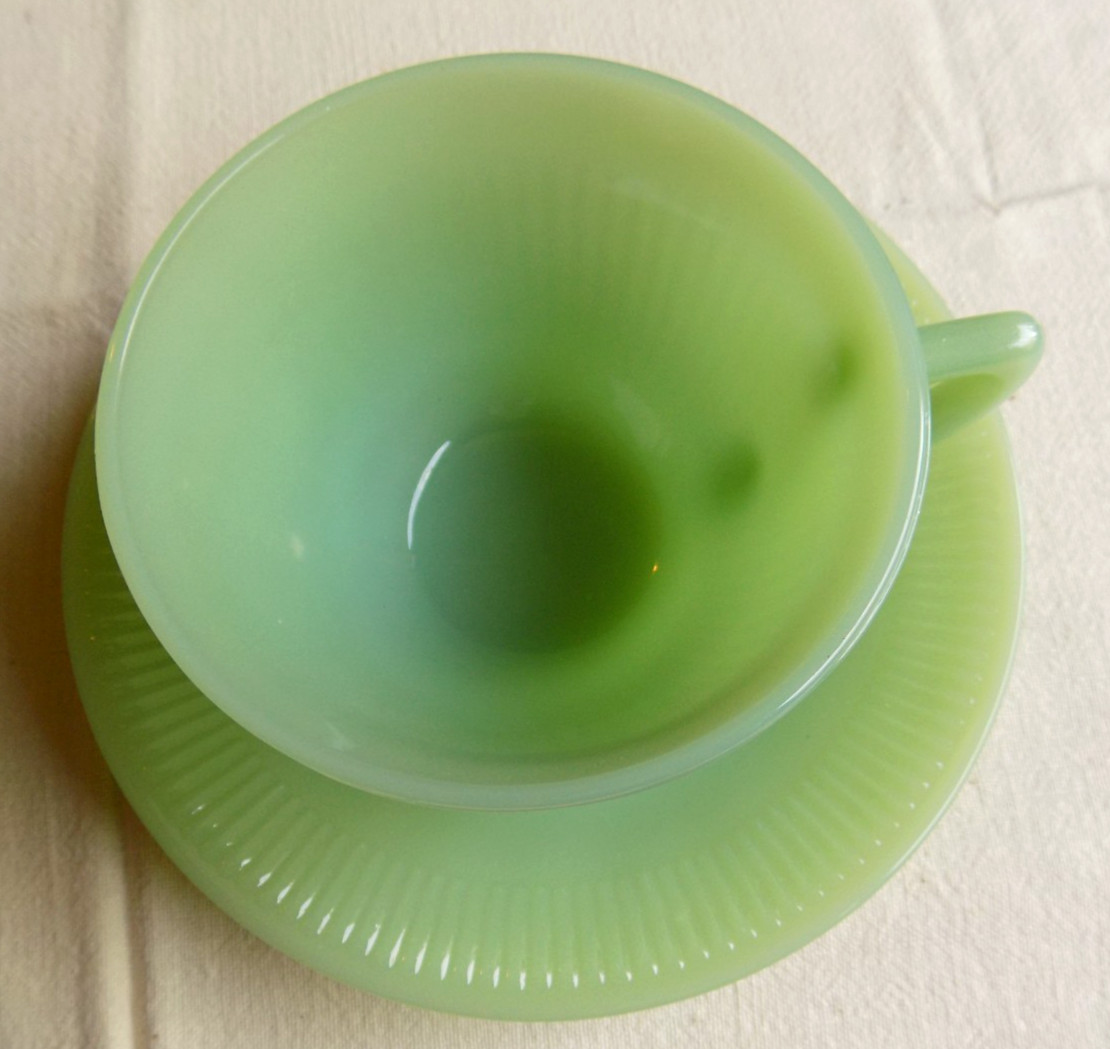 Vintage Fire King Jadeite Green Glass Creamer & Cup and Saucer Jadite