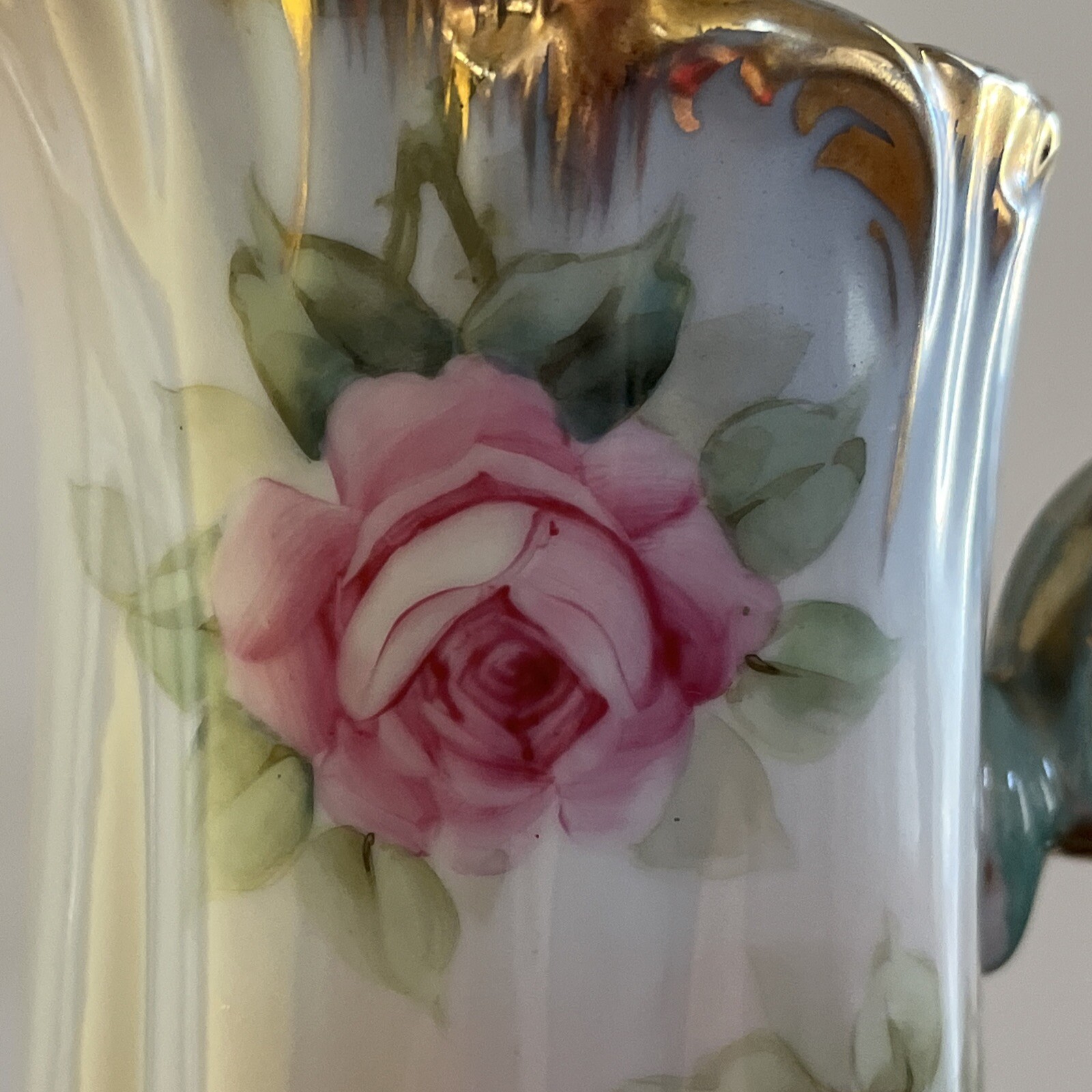 Antique Tall Pitcher Hand Painted Vase Tankard Ewer Roses Gold 15.5