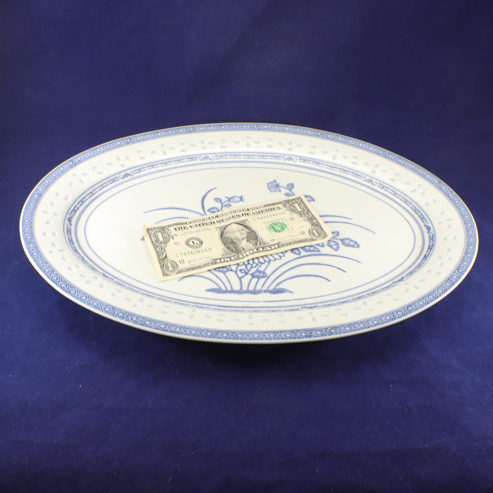 Tienshan Rice Flower Large SERVING PLATTER 15.5 x11″ Blue White Translucent Vtg