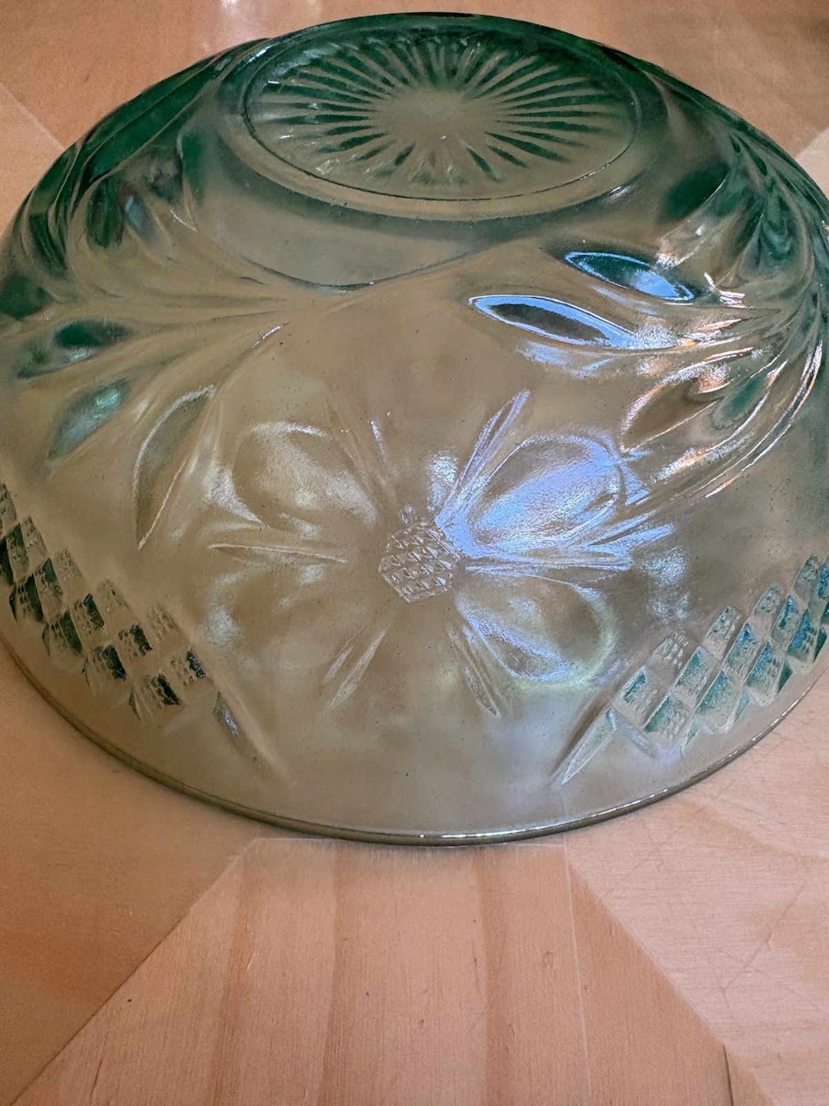 U.S. Glass Co Floral & Diamond Vaseline Glass Bowl 8” Excellent Vintage