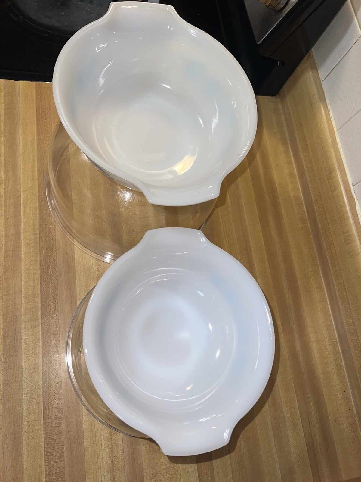 Vintage Glasbake Milk Glass Blue Thistle Flower Bowl Set Of 2 EUC 8.5 And 9”