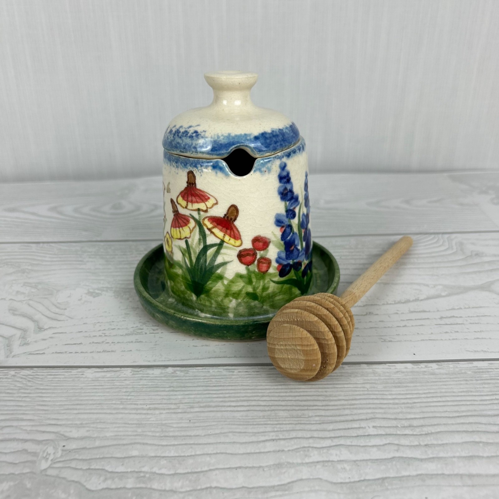 Handcrafted Ceramic Honey Pot Botanical Design Lid & Dipper Artist signed MDE