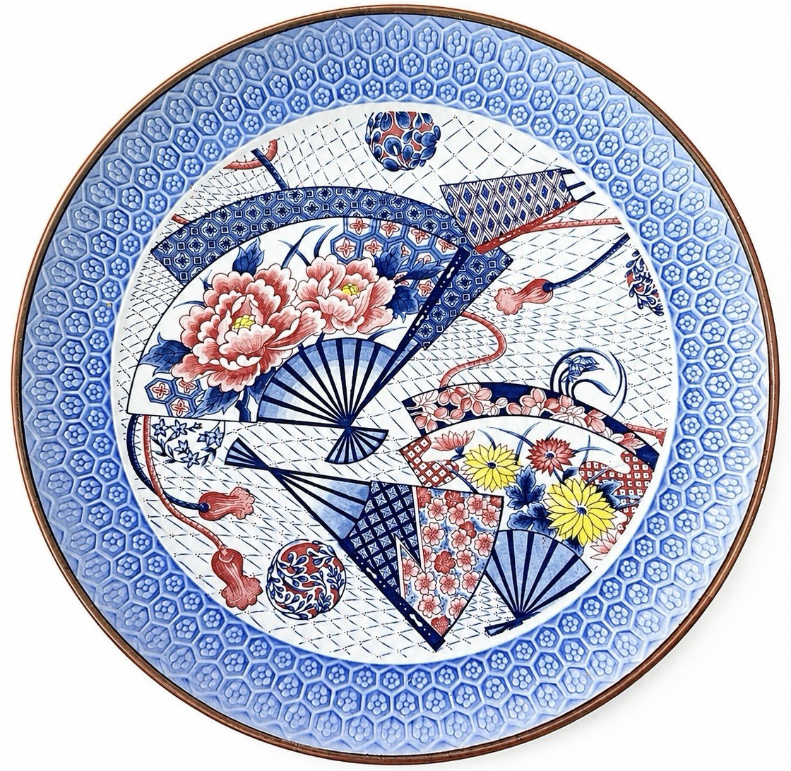 Blue & White Floral Fan Decorative Plate 14” Round Glossy Ceramic