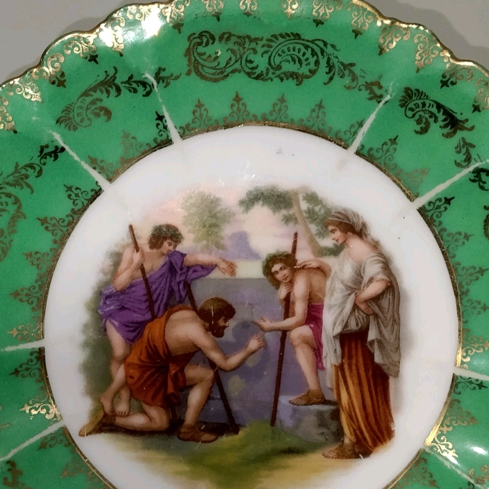 Neoclassical Green Gold Decorated Portrait Cabinet Plate Beyer and Bock Germany