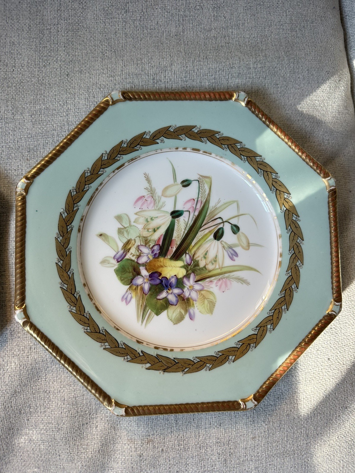 Pair Antique Royal Worcester Botanical hand painted octagonal Plates Floral Gilt