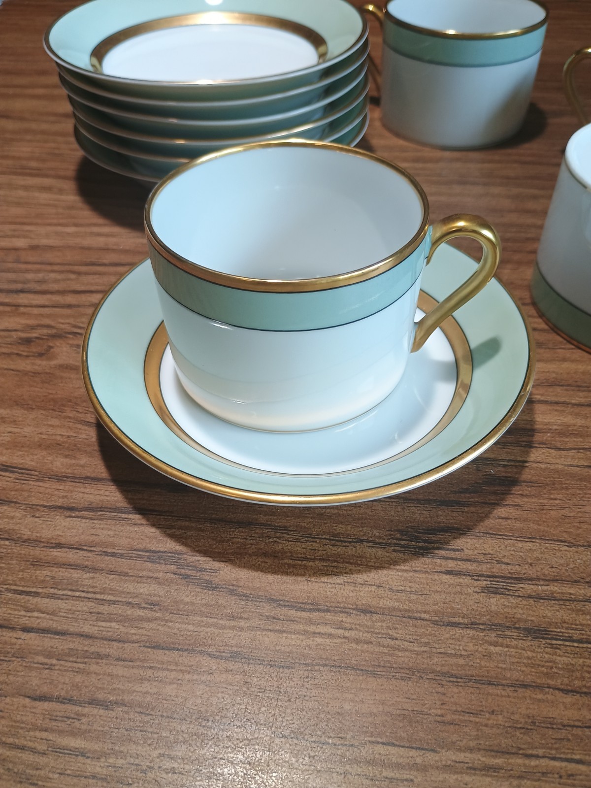 Set of 7 Fitz & Floyd Renaissance Mint Green Flat Cup Saucer Vintage Fine China