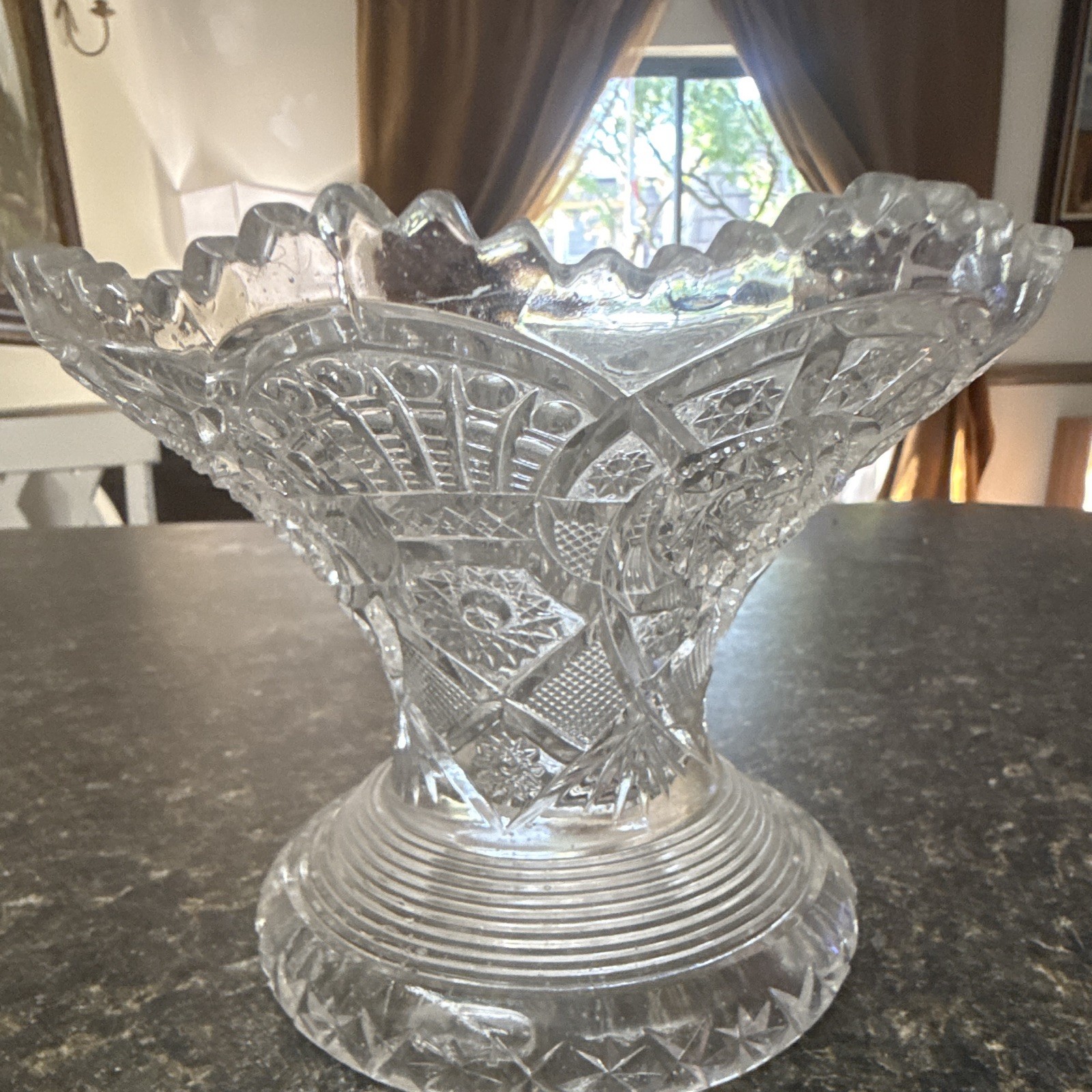 Clear Pressed Glass Scalloped Rim Round Pedestal Footed Bowl