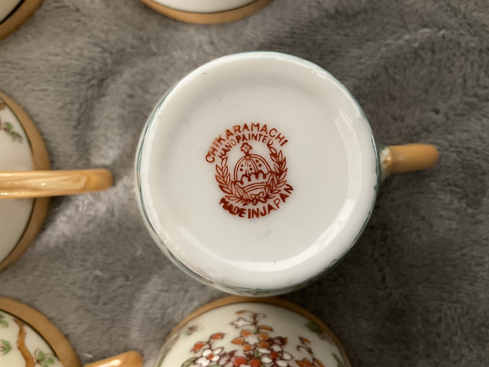 Vintage Demitasse Chikaramachi 6 Cups and 9 Saucers Hand Painted Japan