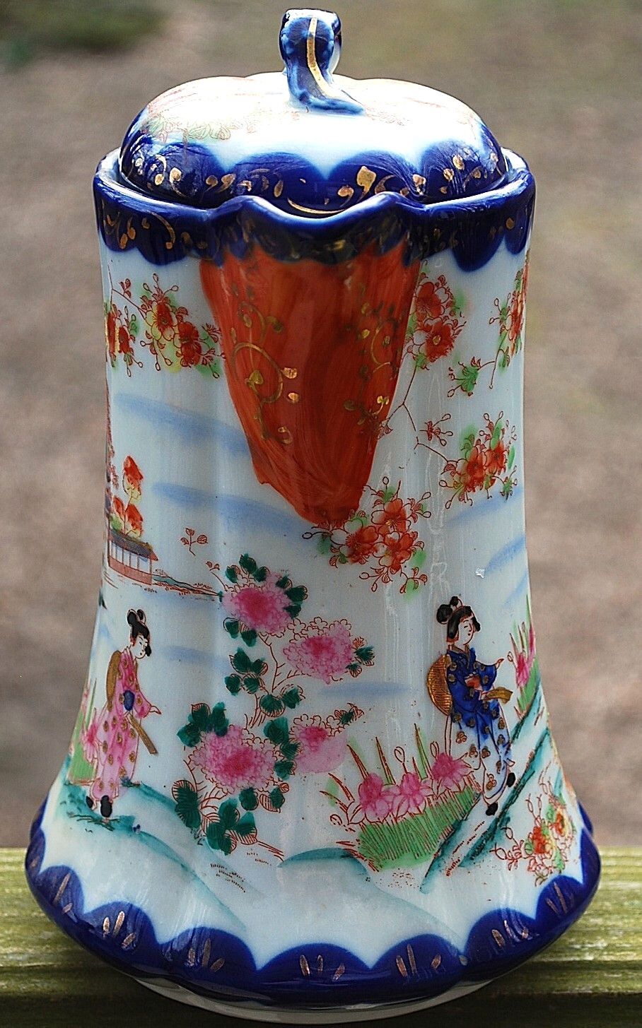 Antique Hand Painted Porcelain JAPANESE GEISHA SCENE Chocolate Pot w/ Lid COBALT