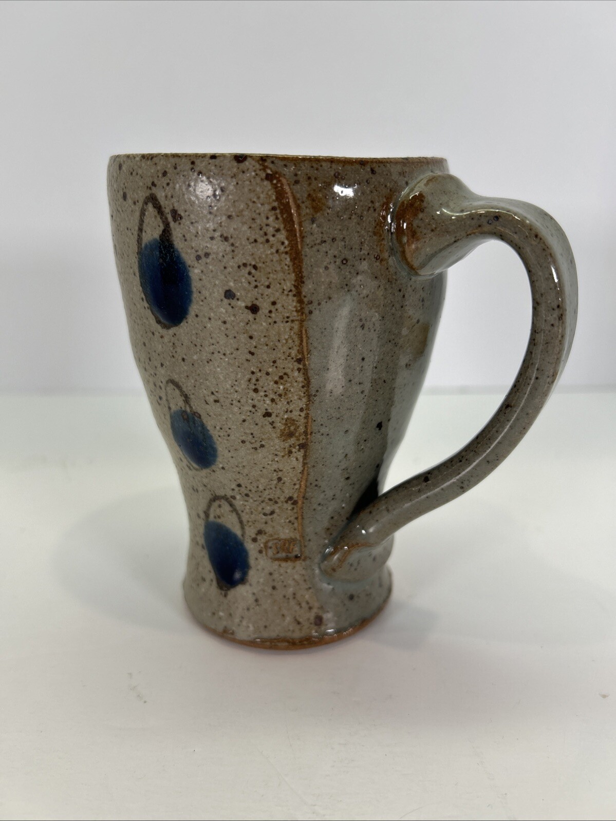 Studio Art Pottery Mug Gray Beige Blue Spotted Signed SRF 5”