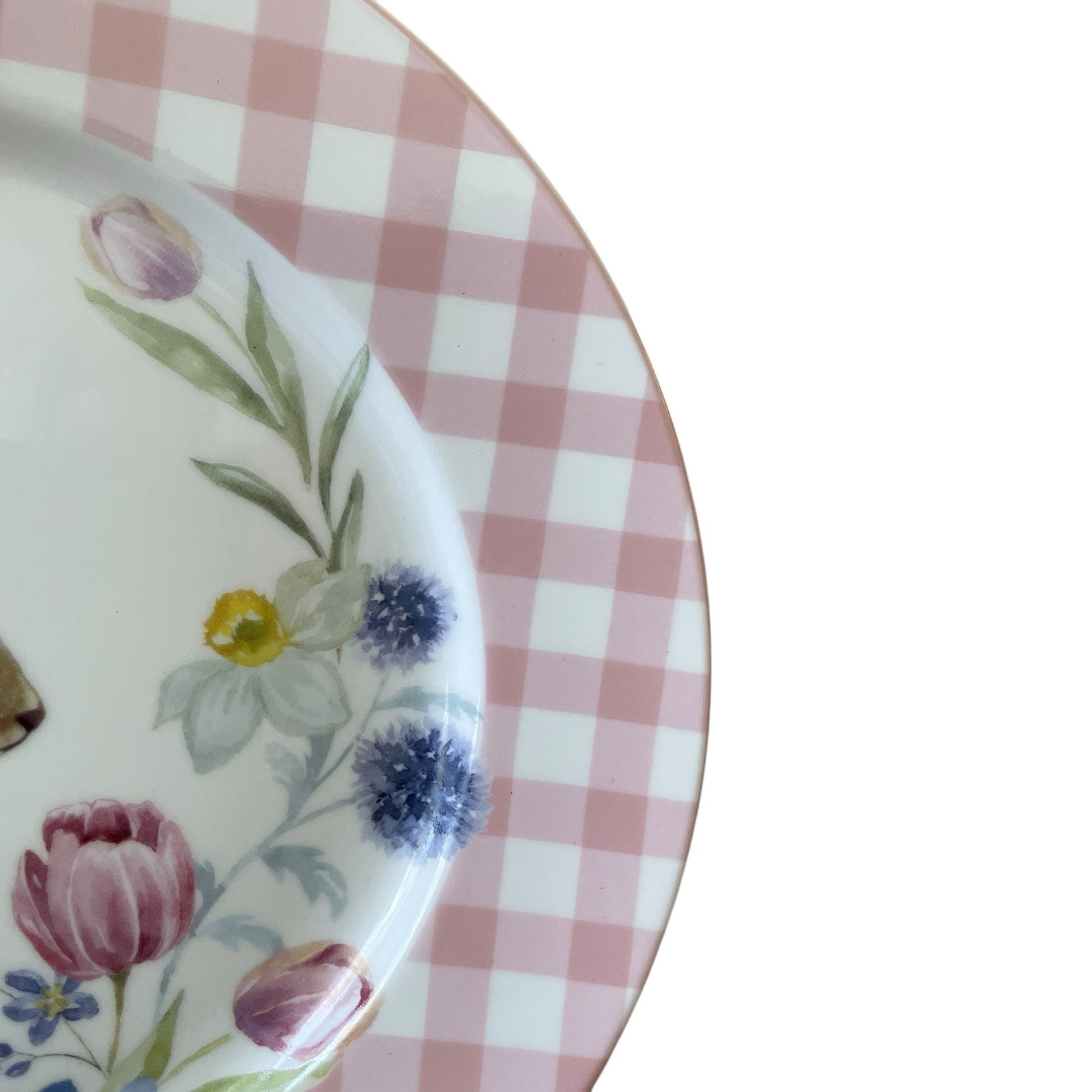 Grace Teaware Bunny Floral Pink Gingham 8in Side Salad Plates Set of 4 NEW