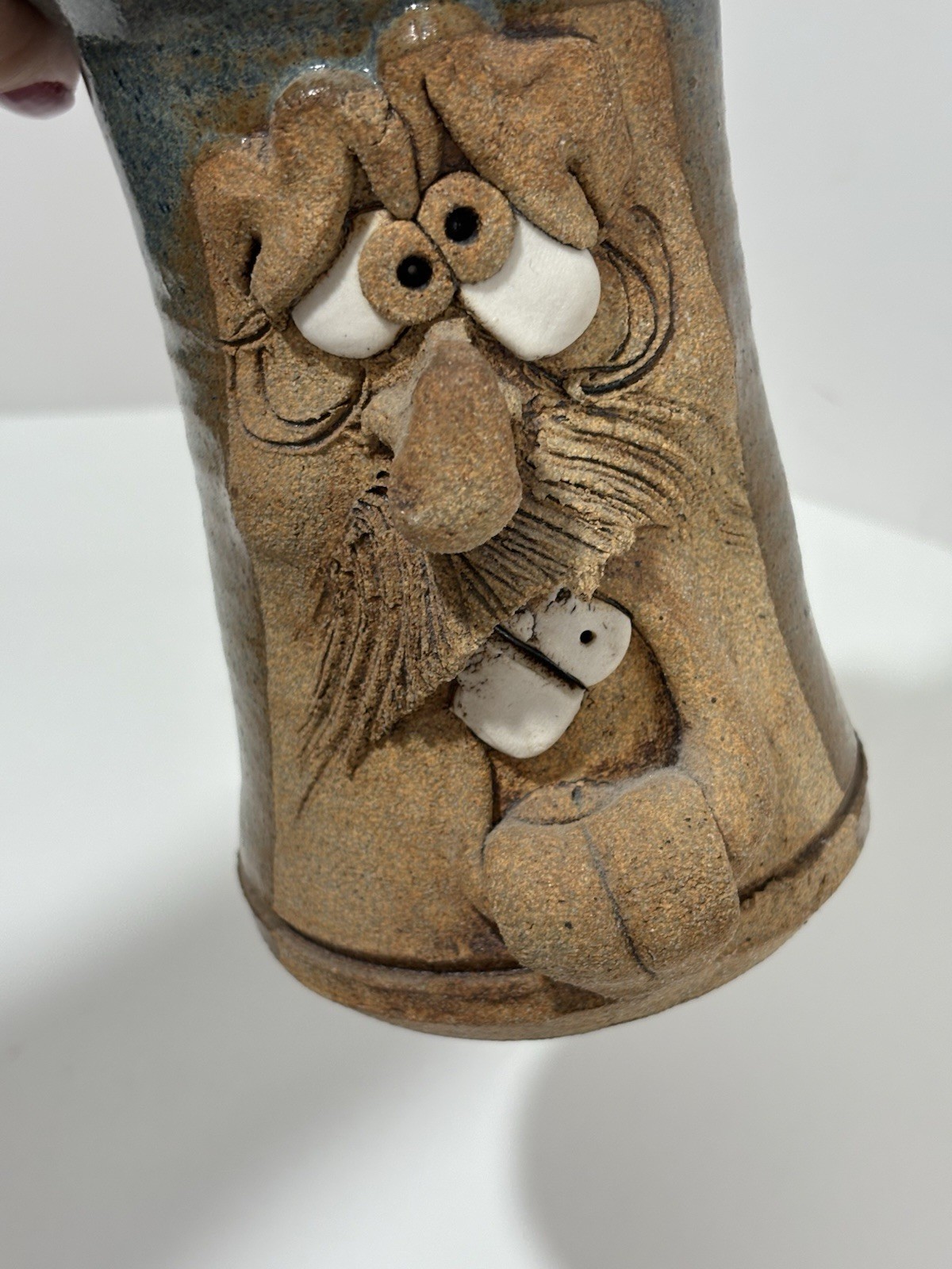 Pottery Funny Ugly Face Coffee Mug Artist Signed M. K. S 77 Folk Art Vtg